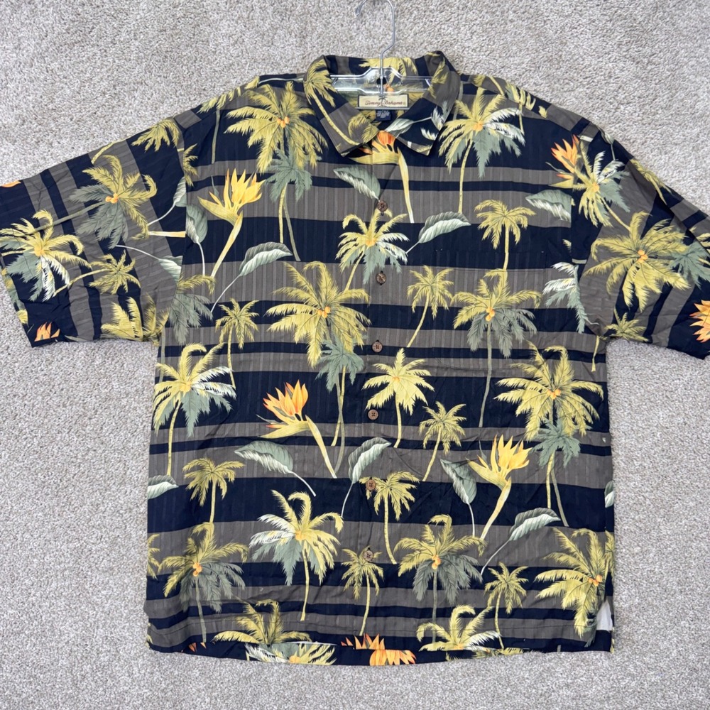 Tommy Bahama Shirt Mens L Silk Palm Tree Floral Black Button Down EUC
